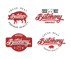 Meat set of labels. Butcher shop symbol. Vintage vector illustration