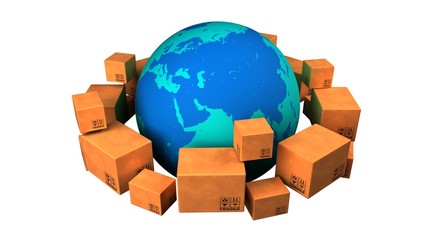 Global delivery. Worldwide shipment concept. Earth planet and boxes. Isolated on white. 3D-rendering.