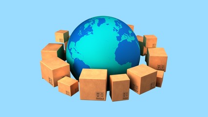 Global delivery. Worldwide shipment concept. Earth planet and boxes. Isolated on white. 3D-rendering.