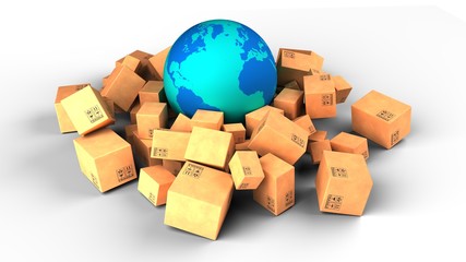 Global delivery. Worldwide shipment concept. Earth planet and boxes. Isolated on white. 3D-rendering.