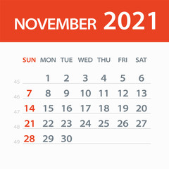 November 2021 Calendar Leaf - Vector Illustration