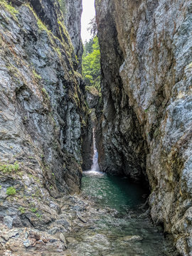 Gorges of the Diosaz at Servoz, Chamonix, France. Nice hiking trail along the river with wooden bridge and trails.