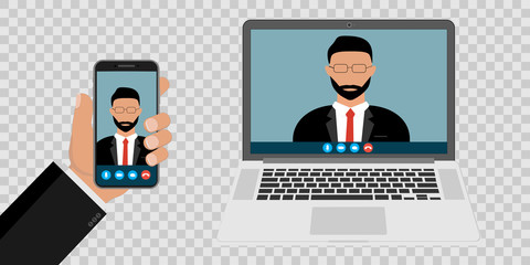 Incoming video call to the screen of a laptop and smartphone, a person’s profile picture and buttons for accepting rejection. Vector illustration