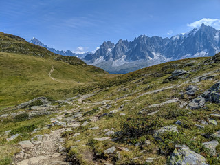 Fototapeta na wymiar Breathtaking view of Hiking and running trails around Col de Bel Lachat, Chamonix, France