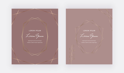 Design cards with geometric golden polygonal lines frames on the nude and brown background. Trendy template for wedding, banner, wallpaper, flyer, poster, invitations.
