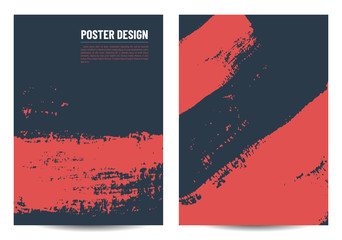 Vector poster design with red grunge splashes. Brushstrokes abstract texture. Design template for invitation cards. Grungy design page. Ink splatter. Black and red brochure cover.
