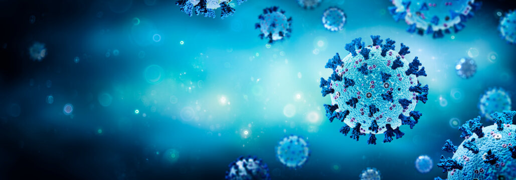 Coronavirus - Structure With Complete Surface Protein Representations In blue Background - 3d Rendering
