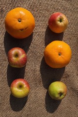 Oranges and Apples in Lines on Burlap Fabric Background in Vertical Orientation