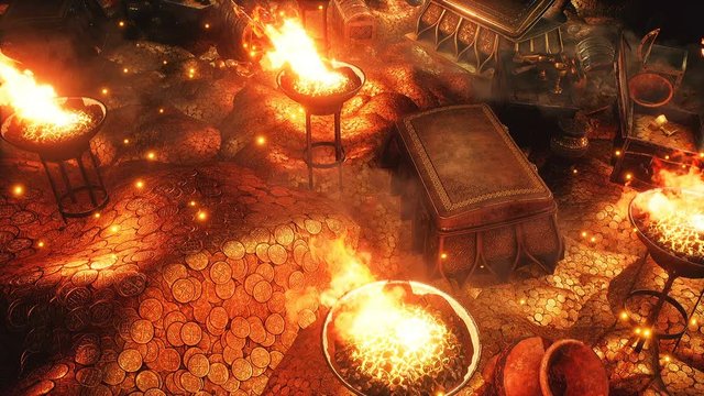 Pirate treasures in a dark cave lit by torches. Old coins, diamonds, and gold treasures. A lot of jewelry made of precious stones, coins, bracelets and chests. Looping animation.