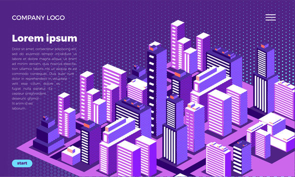 Web site design concept.Neon Isometric city metropolis. Urban architecture with skyscrapers, houses and streets. The landscape of the city. With place for text.