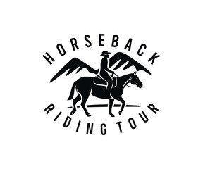Horse and rider, horseback riding tour and mountains, logo design. Animal, pet, equine, stable and ranch, vector design and illustration