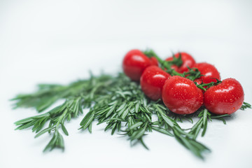 Freshly picked tomatoes lie with the fragrant herbs of rosemary. Green sprigs of rosemary with red tomatoes isolated on a gray background. Healthy food and culinary herbs.