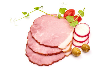 Smoked holiday ham slices, isolated on white background