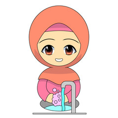 Cartoon Muslim girl washing hands with soap. Daily activities maintain pleasant personal hygiene. vector illustration
