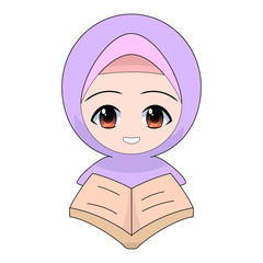Cartoon Muslim girl reading a book or the Quran. Daily fun activities. cute character vector illustration