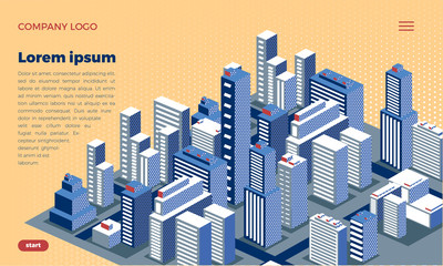 Web site design concept. Isometric city metropolis. Urban architecture with skyscrapers, houses and streets. The landscape of the city. With place for text.