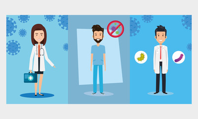 doctors with paramedic and particles covid 19 vector illustration design