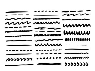 Vector line grunge sketch border set. Hand Drawn Brush pen stroke, pencil devider, black element
