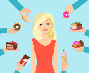Vector of a woman trying to resist not to eat  junk sweet food offered by many people