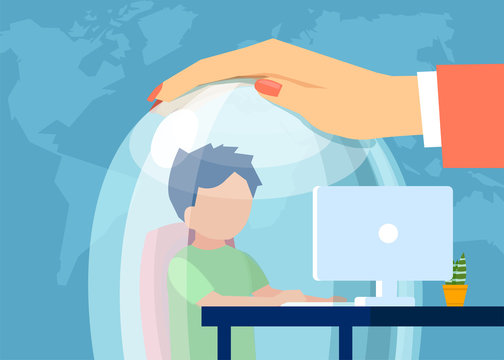 Vector of a mother keeping a child in a glass dome while he is browsing web.