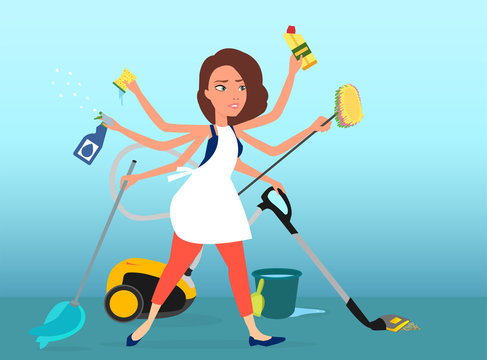 Vector Of A Super Busy Multitasking Woman Washing, Vacuuming And Cleaning House