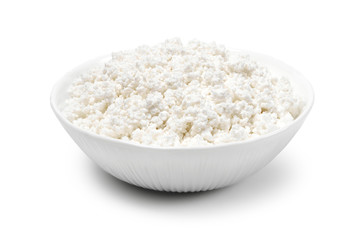 white porcelain  bowl with cottage cheese isolated on a white background