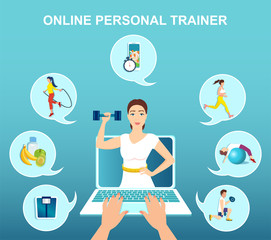 Vector of a woman following personal trainer advice online