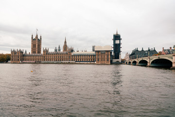 Fototapeta premium London, UK - November 09, 2020: view on The Palace of Westminster exterior at cloudy weather