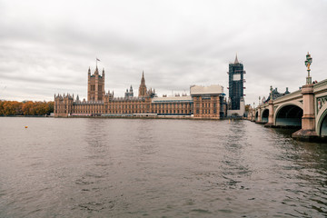 Fototapeta premium London, UK - November 09, 2020: view on The Palace of Westminster exterior at cloudy weather