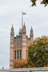 London, UK - November 09, 2020: view on The Palace of Westminster exterior at cloudy weather