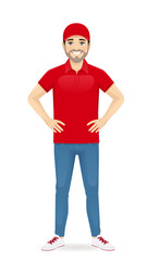 Handsome delivery man in red uniform standing full lenght isolated vector illustration