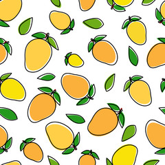 Mango cartoon illustration and leafs seamless pattern