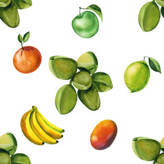 Watercolor seamless floral pattern with fruts hand drawing decorative background. Hand drawn watercolor illustration. Print for textile, cloth, wallpaper, scrapbooking