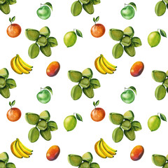 Watercolor seamless floral pattern with fruts hand drawing decorative background. Hand drawn watercolor illustration. Print for textile, cloth, wallpaper, scrapbooking