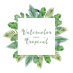 Watercolor jungle frame with tropical palm leaves. Hand drawn illustration exotic green leaf with background. Square horizontal banner