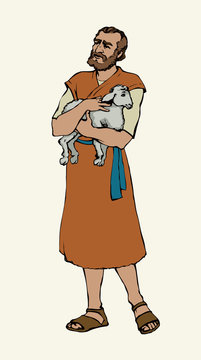 An old shepherd with a sheep. Vector drawing