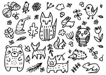Doodle background with forest animals: desman, fox, bird, hedgehog, butterfly, hare, rabbit, deer, squirrel owl, bear, boar, deer, roe deer, mouse