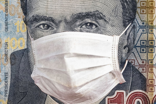 Concept: Quarantine in Peru, 100 Soles banknote with face mask. Economy and financial markets affected by corona virus outbreak and pandemic fears. Digital montage.