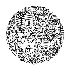 The animal shelter. Cat, dog, bowl for pets, box for dogs. 
Circle shape doodle illustration