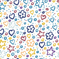 seamless pattern of colorful stars, flowers and hearts of lilac, yellow, blue colors on a white background