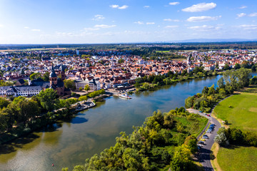 Fototapeta premium Aerial view; Convent garden with St. Marcellinus and Petrus basilica, former Benedictine abbey Seligenstadt, Hesse, Germany,