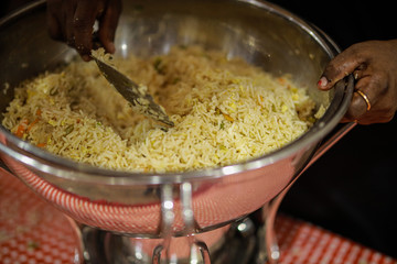 Fried Rice in banquet table with chafing dish heaters.