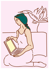 illustration of Woman on couch  surfing on internet.
Freelancer woman working at home using laptop beafore sleep.
