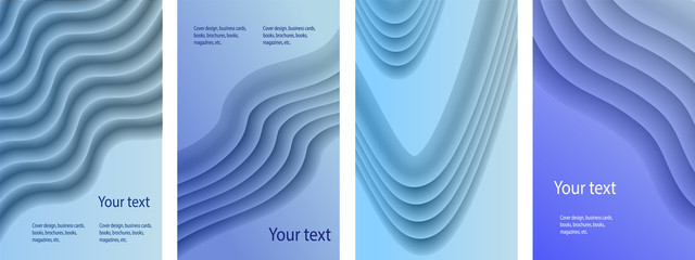 Set of abstract covers of blue and green colors. Backgrounds with abstract volumetric gradient of linear waves to create a fashionable banner, poster.
