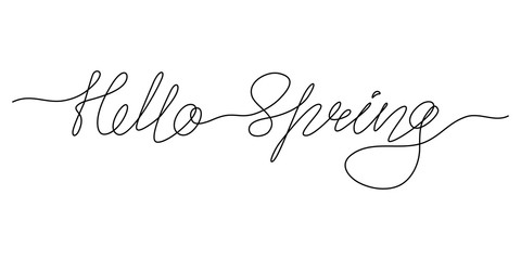 Continuous line drawing. Lettering. Hello Spring. Black isolated on white background. Hand drawn vector illustration. 