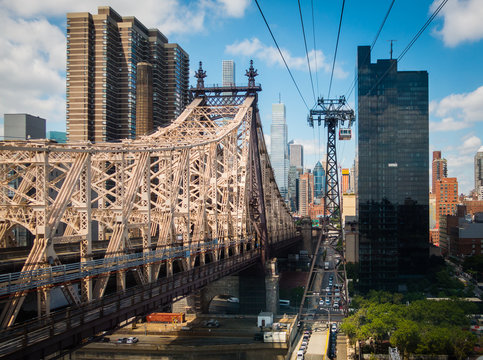 Midtown Manhattan and Ed Koch Queensboro Bridge from Roosevelt Tramway with cables visible