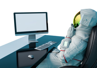 astronaut is doing his job from the home office like a boss back view © DM7