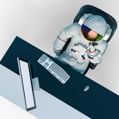 astronaut is doing his job from the home office like a boss in drone view © DM7