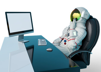 astronaut is doing his job from the home office like a boss © DM7