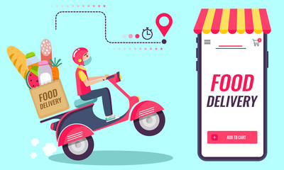 Online delivery service , online order tracking, delivery home and office. Scooter delivery. Shipping. Man on the bike with mask. Vector illustration
